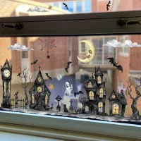 Juego de 4 pegatinas electrostáticas para ventanas con estilo acuarela y temática de halloween: pueblo embrujado con casas encantadas